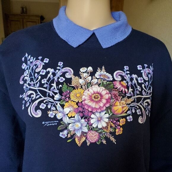 Women's vintage‎ blue Flower Floral Rose Sweater - Picture 2 of 6
